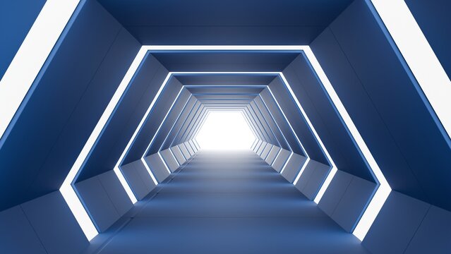 Symmetrical blue neon hexagonal corridor background featuring illuminated futuristic perspective pathway.