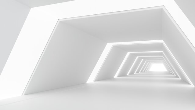 Dynamic white architectural hallway background with angled futuristic geometric tunnel structure and light.