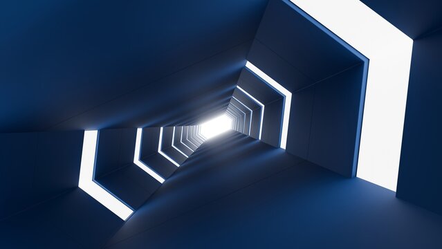 Dynamic tilted blue hexagonal neon tunnel background with perspective light rays for motion graphics.