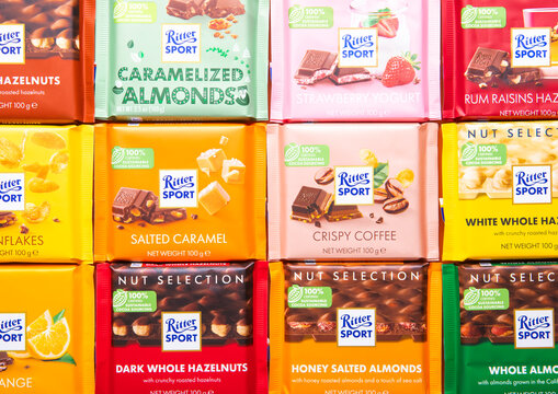 LONDON, UK - JANUARY 28, 2025: Various ritter sport chocolate bar with nuts and different flavours and taste.Top view.