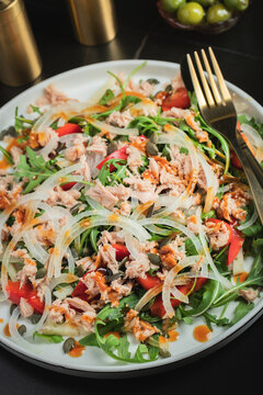 Fresh Tuna Salad with Onions and Cherry Tomatoes. Italian Mediterranean Cuisine