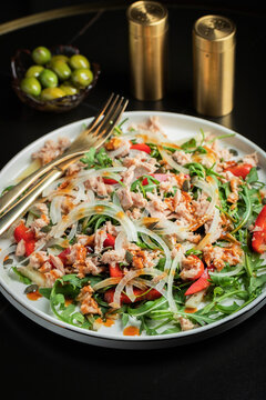 Fresh Tuna Salad with Onions and Cherry Tomatoes. Italian Mediterranean Cuisine