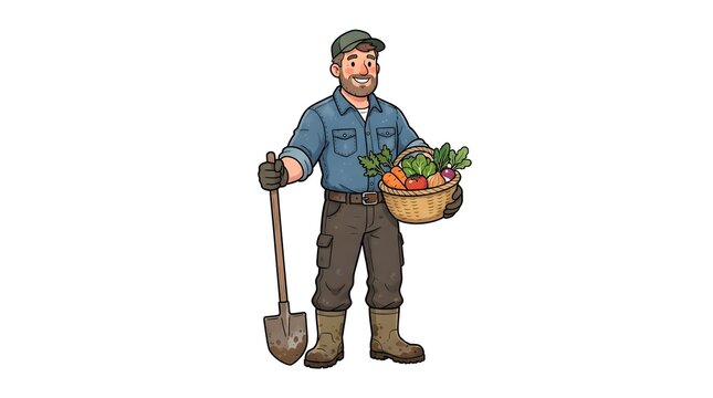 Happy male farmer holding a shovel and a woven basket full of fresh vegetables. Agricultural worker vector cartoon illustration isolated on white.