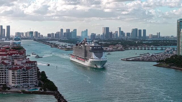 Miami, Florida, USA - March 19, 2025: MSC Seascape cruise ship voyage. Cruise summer vacation. MSC Cruises cruise line. Cruise ship tour. Sea travel. Ship Miami port. Luxury lifestyle