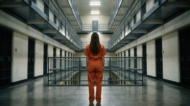 A woman in an orange jumpsuit standing alone in a prison cell corridor