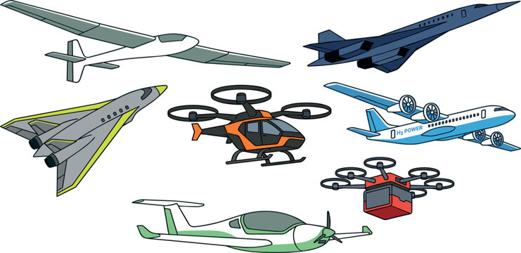 Futuristic aircraft and green aviation vector set with drone evtol supersonic and hydrogen plane