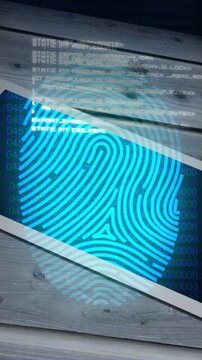 Fingerprint animation overlay on wooden surface with purple flower in school setting
