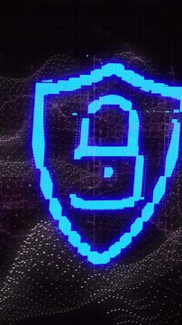 Digital wave background with glowing blue shield and lock icon animation