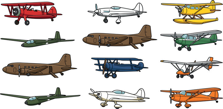Vintage and modern airplane vector set with biplane glider prop plane and passenger aircraft