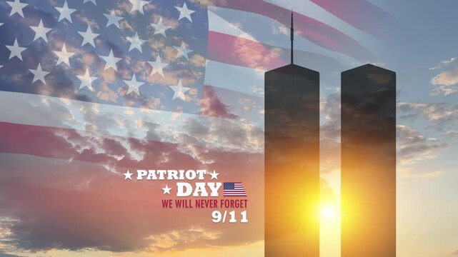 Silhouette of Towers and USA flag at sunset. 09.11.2001 American Patriot Day video. Video with inscription.