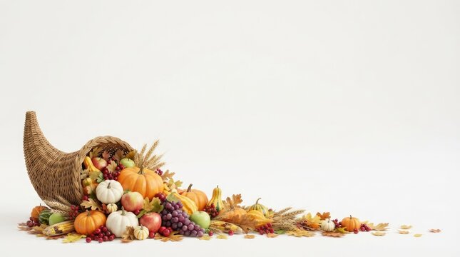 A festive cornucopia overflowing with seasonal harvest vegetables and fruits featuring autumn falling maple leaves isolated on white background for your holiday thanksgiving design projects