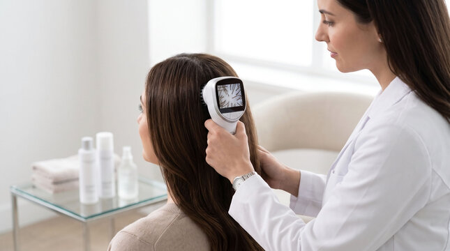 Specialist conducting professional scalp care examination with scanner