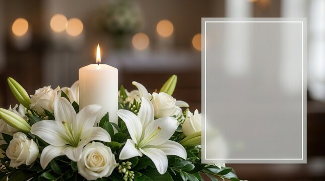 Memorial service announcement template with white flowers, a burning candle, and space for obituary text.