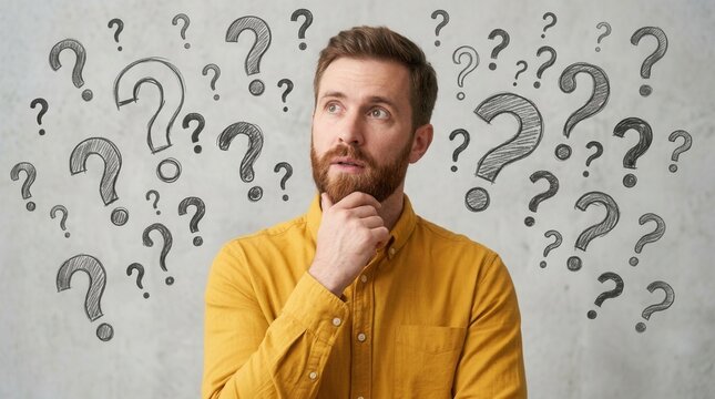 A man in a yellow shirt with a beard and thoughtful expression appears deep in thought among hand drawn question marks on a gray wall.
