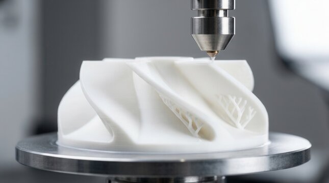 A polymer-based pump impeller undergoing rapid prototyping on a resin 3D printer for fluid dynamics testing.