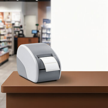 Thermal label printer on a retail store counter for shipping and inventory management