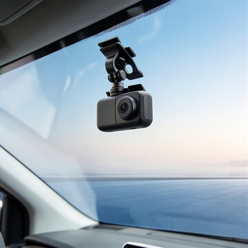 Dashboard camera mounted on car windshield for vehicle security and road recording.