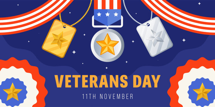 Happy Veterans Day Horizontal Banner Design with Medals Vector
