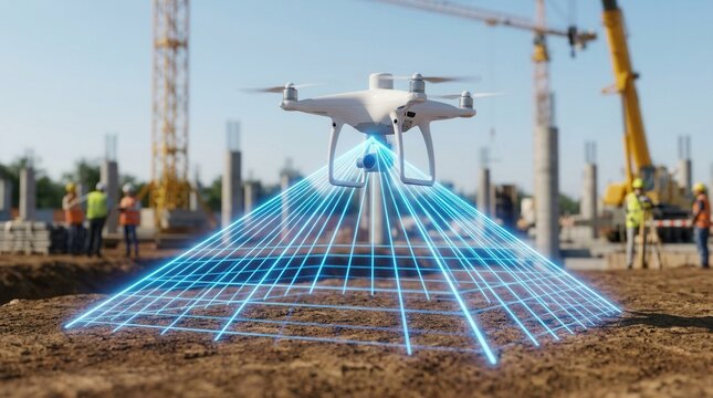 Precise site measurements and efficient planning enabled by a robotic surveying drone scanning a construction area with laser sensors.