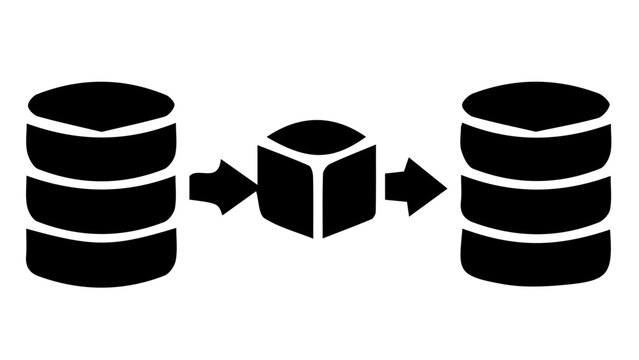 Database migration icon, black data transfer vector, server storage synchronization symbol, information processing workflow graphic