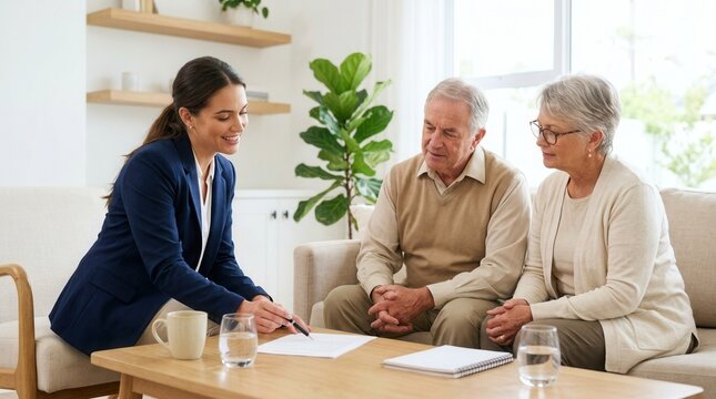 Female insurance agent pointing at paper document on wooden table while explaining policy terms to a smiling senior retired couple