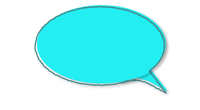 Minimalist pale blue oval speech bubble with a jagged dark gray outline and 3D shadow, with a small pointed tail at the bottom right, on a clean white background, ready for chat or message content