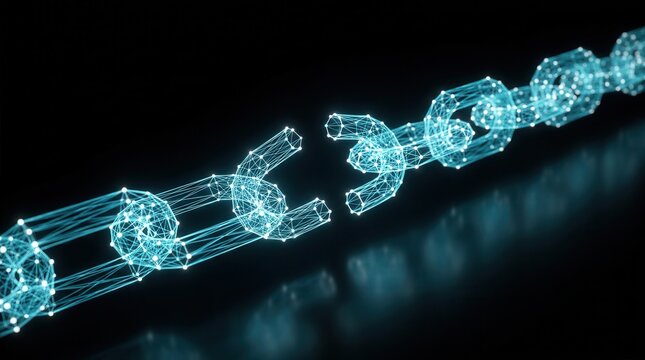 A broken link creates a gap in a chain of digital nodes in a dark setting, representing supply chain disruption.