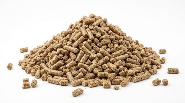 Clean white background featuring a pile of animal feed pellets