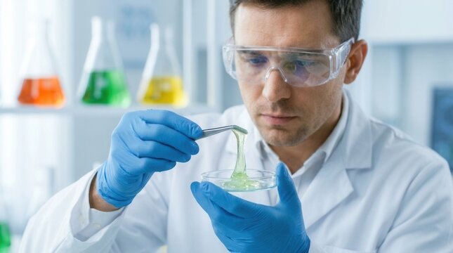 Sustainable materials research featuring a scientist examining biobased synthetic polymer resin with plant-derived monomers in a modern lab.