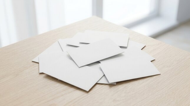 Indoor presentation template mockup of blank white rectangular paper cards scattered in a pile on a light wooden table near a bright window.