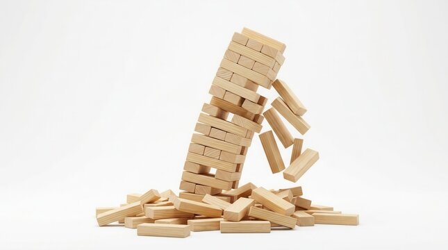 A breaking down unstable Jenga tower made of wood blocks on white background