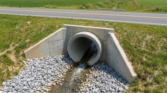 A rural roadway with a culvert placement designed for safe water passage and efficient site drainage.