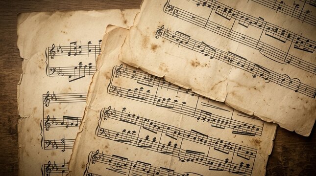 Aged paper with vintage sheet music and classical musical notation
