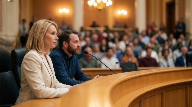 Study of amendment documents by city council members seated at a curved chamber dais before casting electronic votes