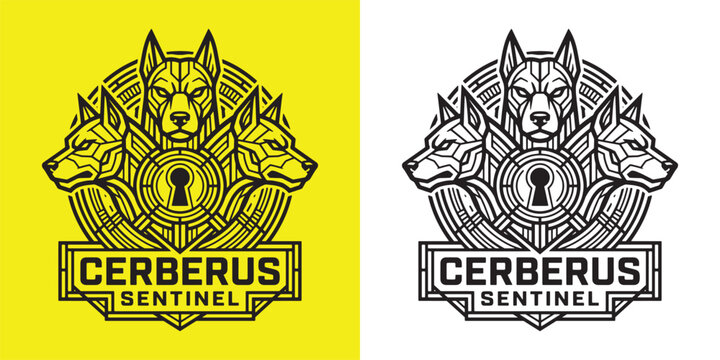 Cerberus Sentinel Three-Headed Dog Emblem with Keyhole and Geometric Lines in Black and White Vector Style
