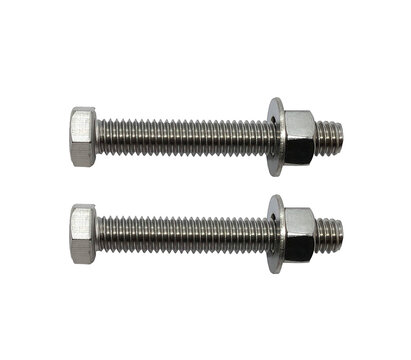 two stainless steel hex head bolt, nut, and flat washer