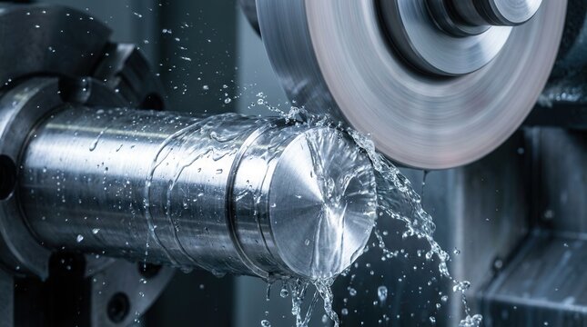 A skilled technician performs a surface grinding operation with coolant fluid flowing over a metal piece for heat reduction.