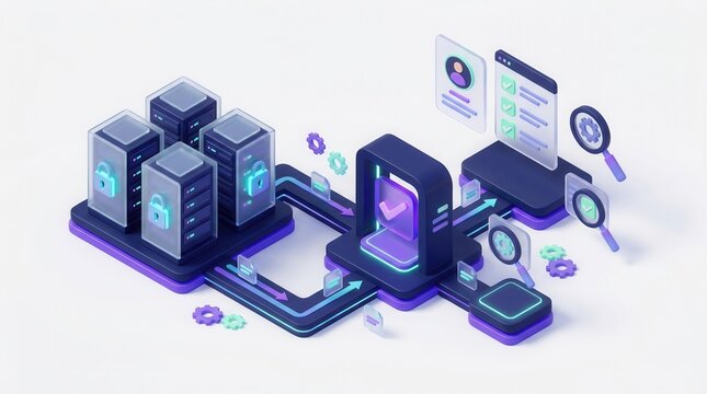 An illustration of data protection and security processes featuring detailed data handling tools and methods.