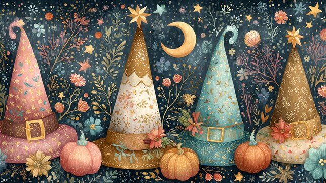 Whimsical Halloween hats with autumn details.