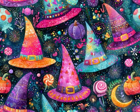 Colorful witch hats for Halloween celebration.