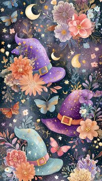 Whimsical witch hats adorned with flowers.