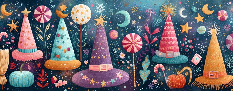 Colorful festive hats with vibrant decorations.