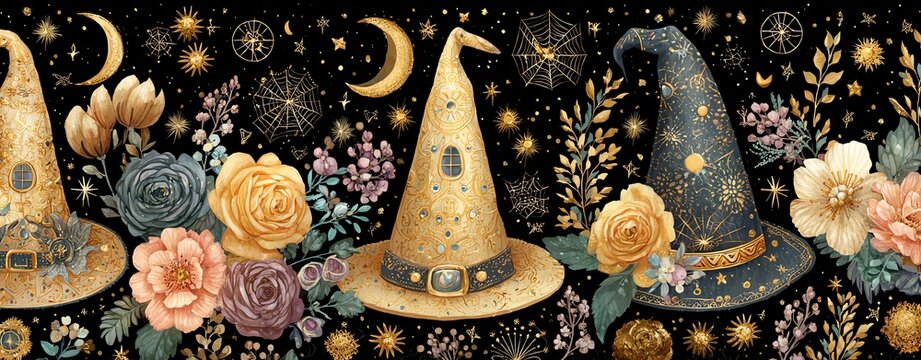 Colorful witch hats with floral designs.