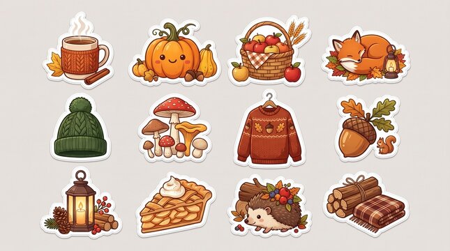 Set of cute autumn stickers with pumpkin, fox, sweater, and seasonal fall elements