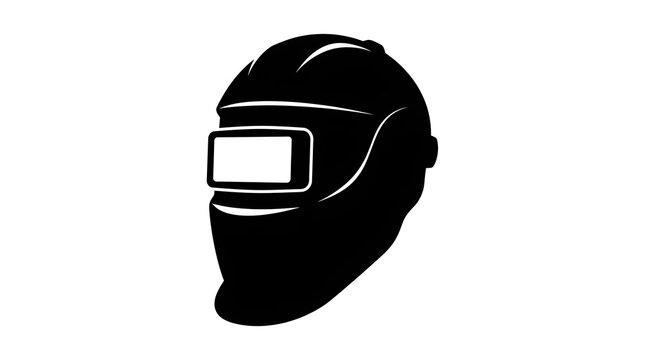 Black and white silhouette of a protective welding helmet. Ideal for industrial, manufacturing, and construction designs.
