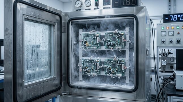 Specialized chamber with rapid temperature changes for electronic devices undergoing thermal shock testing to ensure durability and performance.