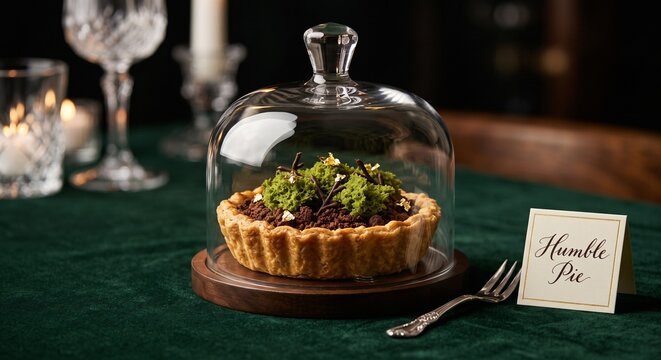 Luxury surrealist humble pie tart filled with edible dark soil, matcha moss and gold leaf under a crystal cloche