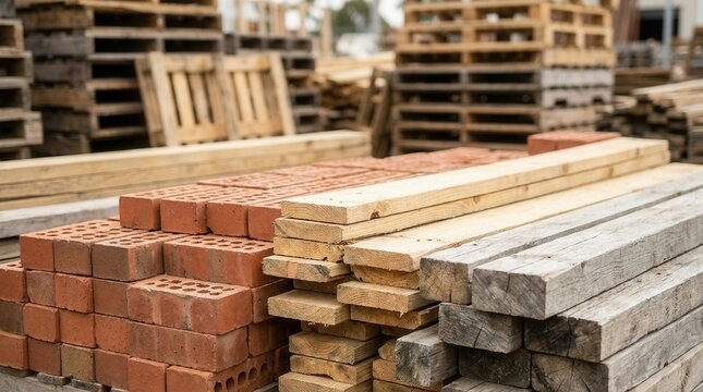 Leftover construction materials, including bricks and reclaimed wood, are carefully stacked for reuse in this closeup shot emphasizing sustainable practices.