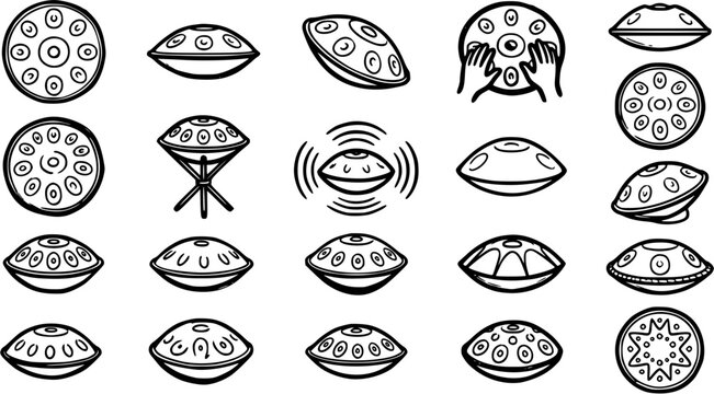 Musical Instruments Handpan and Hang Drum Icon Set. Black and White Line Art Glyphs for Percussion Music and Rhythm