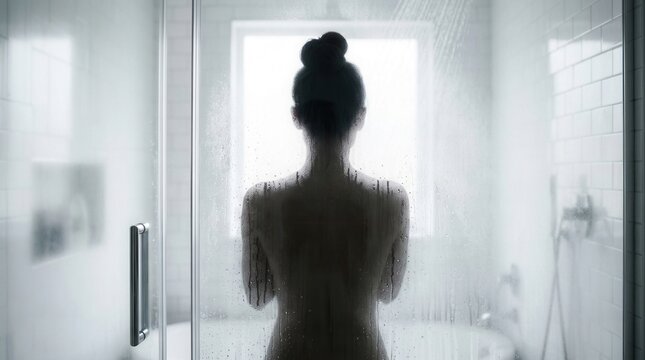 Modern white tiled bathroom interior showing a dark silhouette shadow of a female taking shower behind a steamy wet glass door